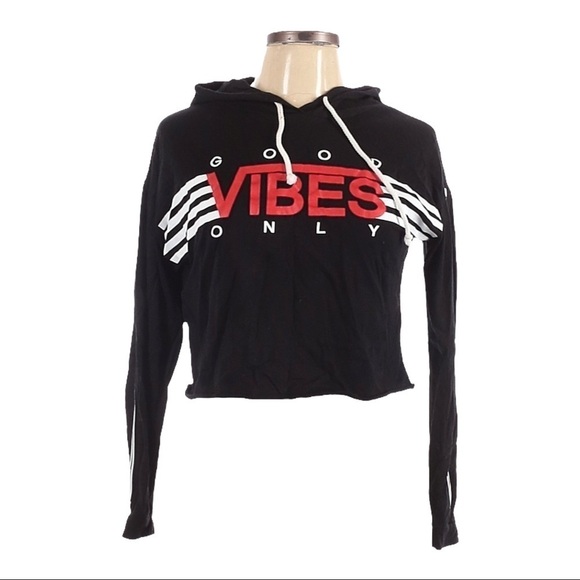 🌺 Local Lab Good Vibes Only Crop Pullover Black Streetwear Hoodie Size S - Picture 1 of 9
